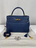 Sac Hermès Kelly 32 en cuir Togo bleu de Prusse retourné - Photo 5