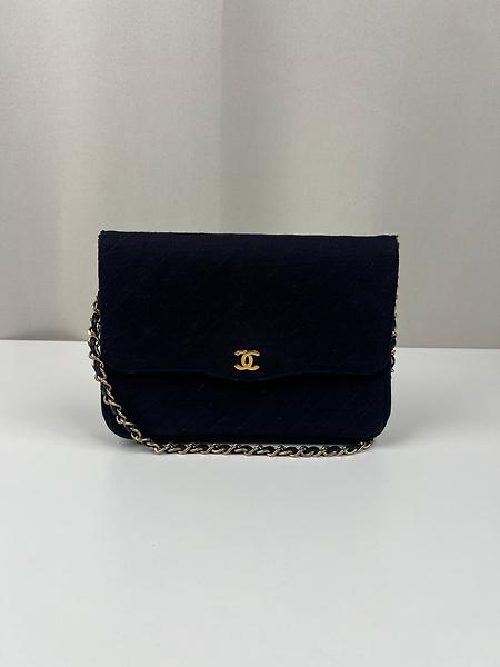 Sac épaule Chanel en tissu vintage bleu nuit
