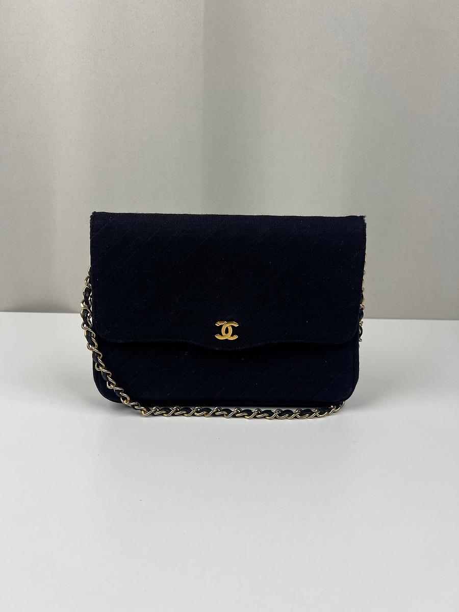 Sac épaule Chanel en tissu vintage bleu nuit