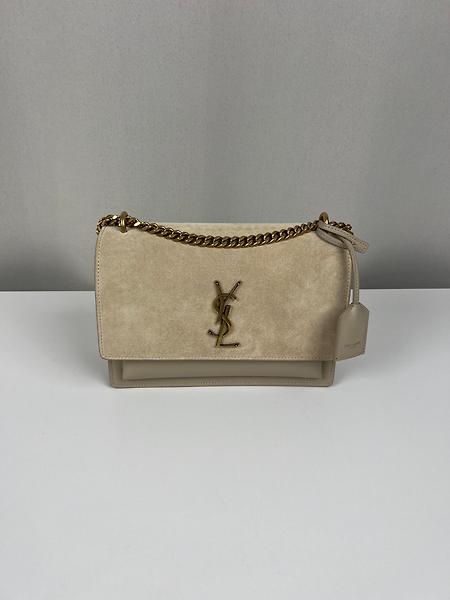 Sac bandoulière Saint Laurent Sunset medium en daim et cuir beige