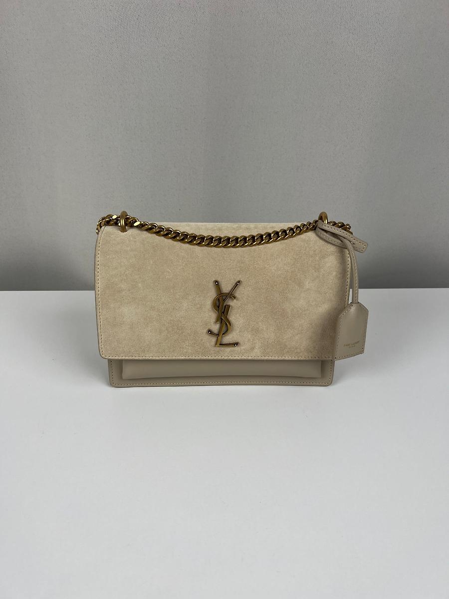 Sac bandoulière Saint Laurent Sunset medium en daim et cuir beige