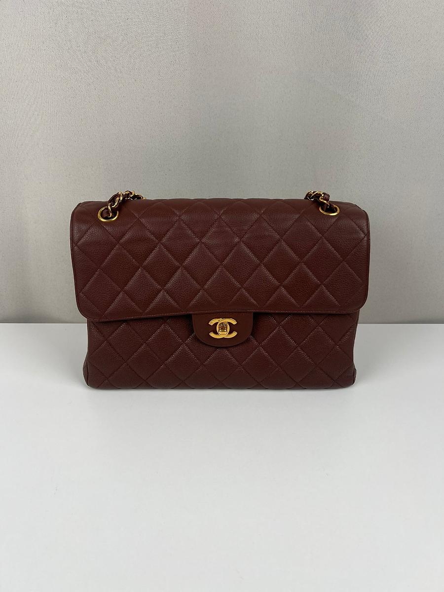 *RARE* Sac porté épaule Chanel Jumbo cuir grainé double logo marron