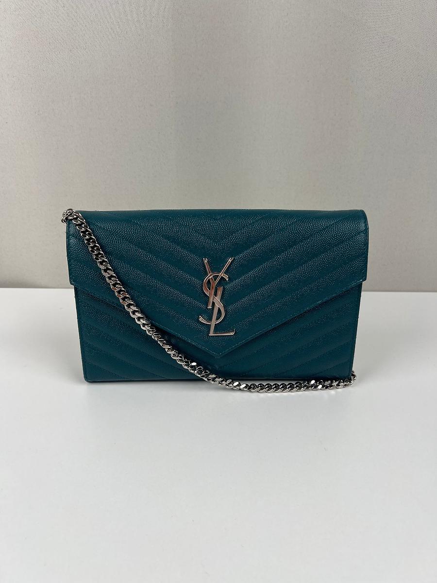 Sac bandoulière Saint Laurent Cassandre cuir grainé bleu vert