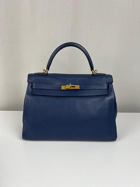 Sac Hermès Kelly 32 en cuir Togo bleu de Prusse retourné