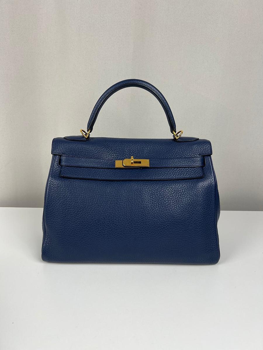 Sac Hermès Kelly 32 en cuir Togo bleu de Prusse retourné