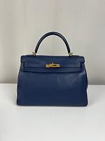 Sac Hermès Kelly 32 en cuir Togo bleu de Prusse retourné - Photo 1