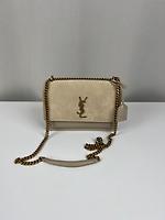 Sac bandoulière Saint Laurent Sunset medium en daim et cuir beige - Photo 5