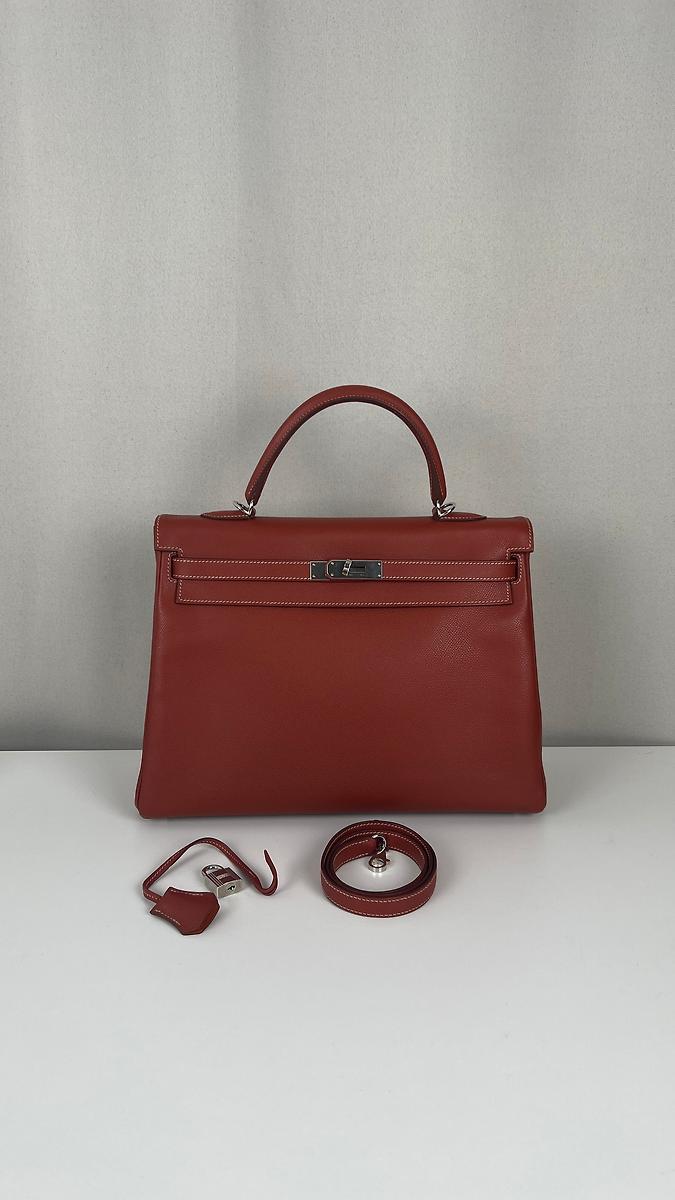 Sac Hermès Kelly 35 cuir Epsom couleur Brique bijouterie argent