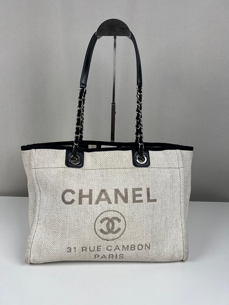 Sac cabas Chanel Deauville en toile gris / beige